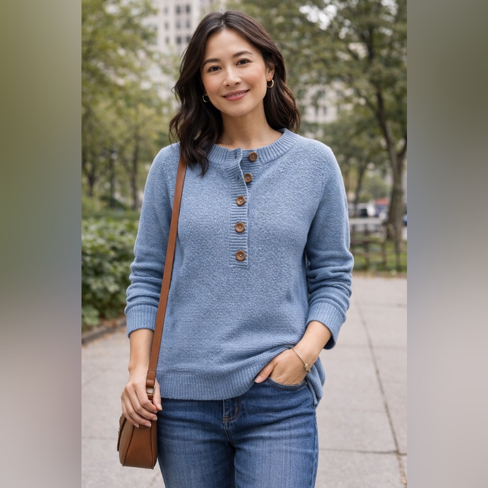 Pure Jill Blue Henley Knit Sweater Petite Small Cotton Blend Button Pullover